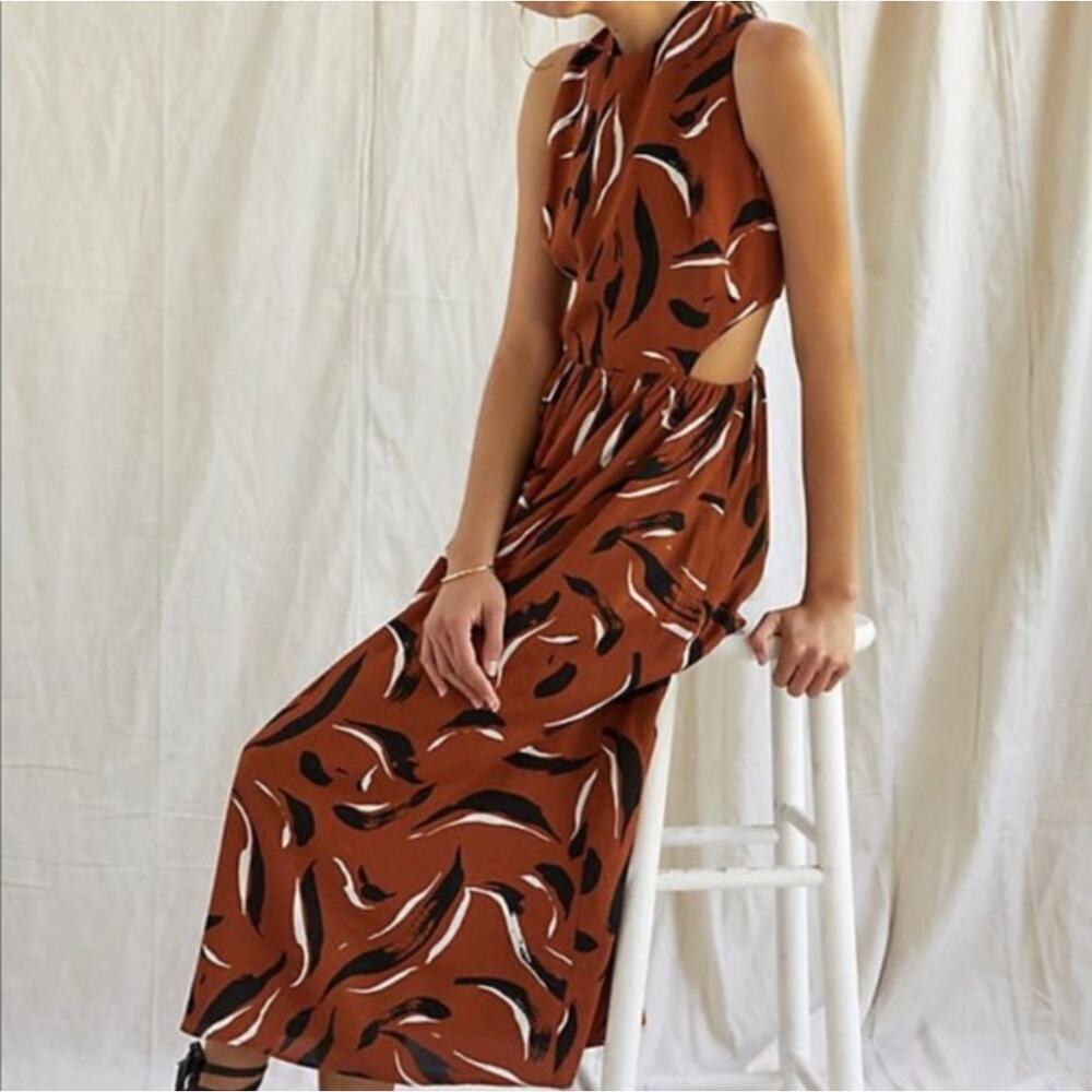 Anthropologie Corey Lynn Calter Brown Black Print Cut Out Midi Dress • Size XL